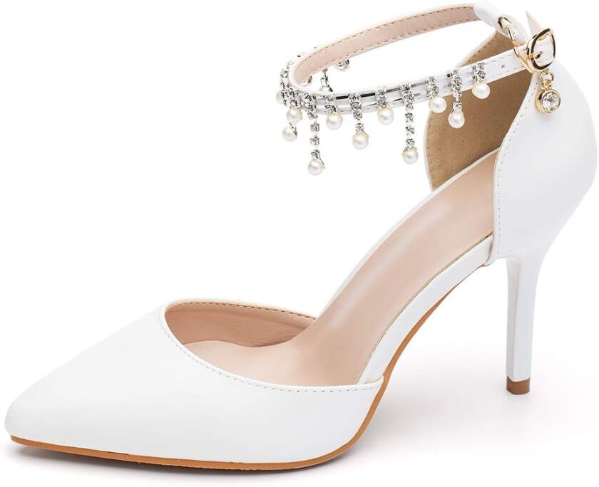 Pointed Toe Pumps High Heel Ankle Strap Dress Shoes Wedding Party Pump with Pearl 3.54” - Image 2
