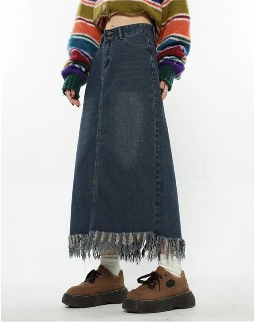 Women Denim Skirt Fringe High Waist Casual Skirt Korean Retro Women Long Skirt - Image 2