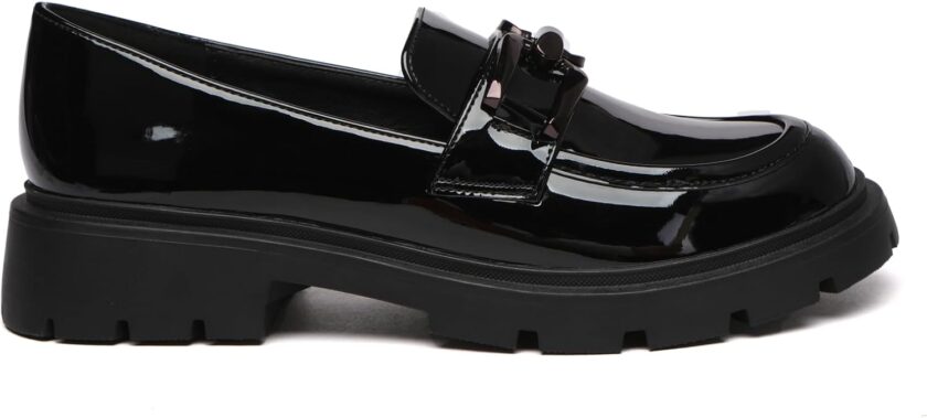 Women's Chunky Platform Loafers with Chain or Buckle Patent Leather Black Penny Loafers Fashion Office Shoes School Dress Shoes Comfort Slip-on - Image 2