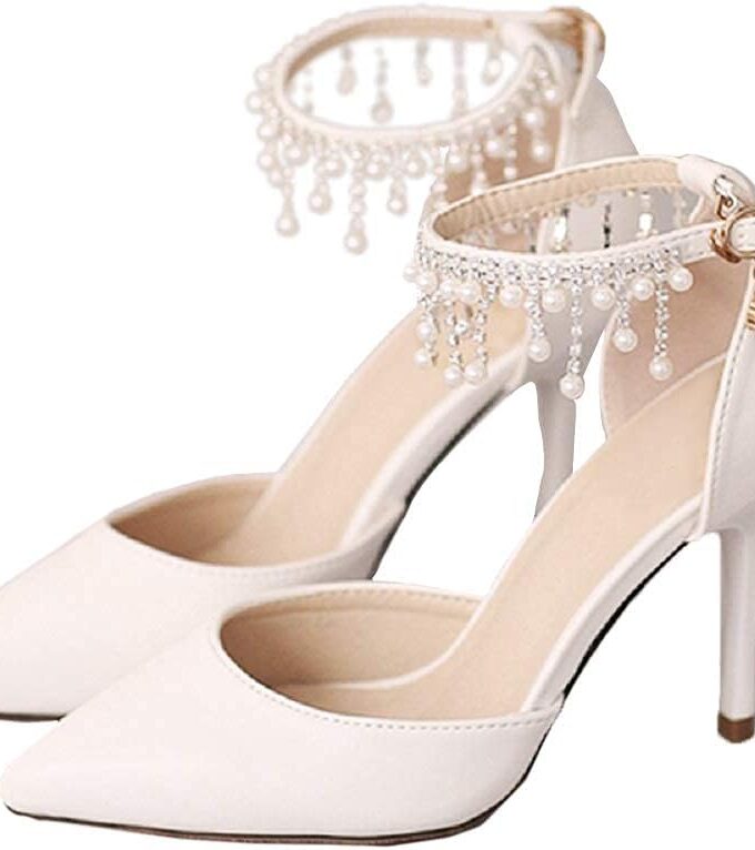 Pointed Toe Pumps High Heel Ankle Strap Dress Shoes Wedding Party Pump with Pearl 3.54”