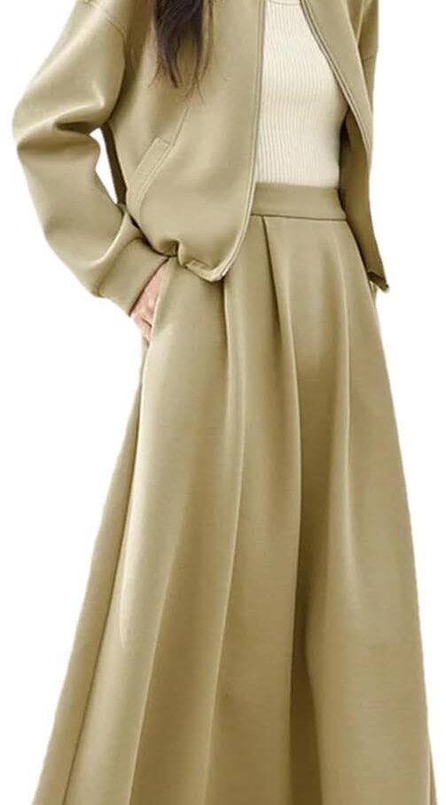 Women Spring Casual Zip-Up Cropped Jacket with Midi Skirt 2 Piece Skirt Sets Female Suit Outfit