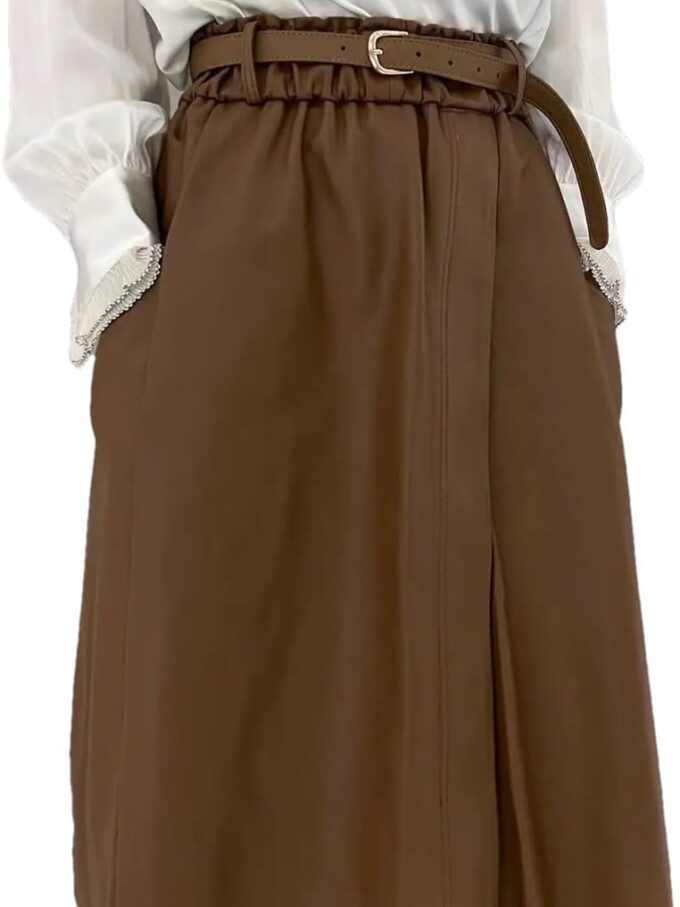Women Vintage Shows Thin Orange Brown Pleated Long Dress with Belt Leather Skirts
