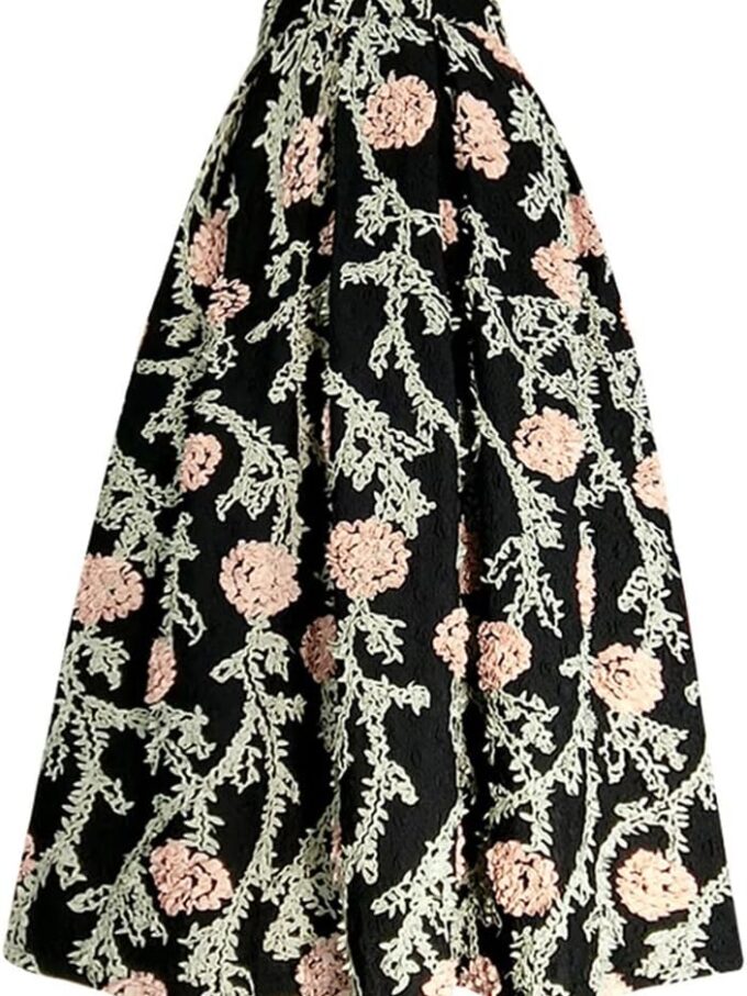 Casual High Waist Paisley Print Long Skirts for Women High Waist Flower Embroidery A-Line Pleated Skirt