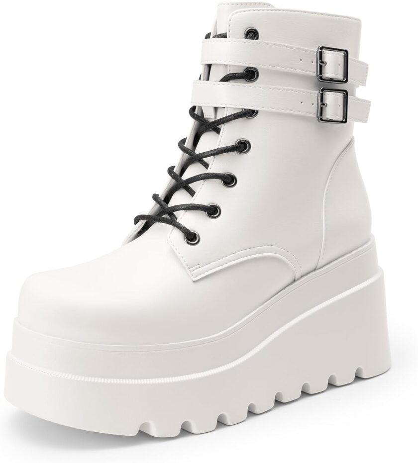Women Platform Combat Ankle Boots Goth Chunky High Heel Lace Up Motorcycle Booties