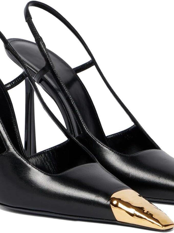 Women Slingback High Heels Metal Pointed Toe Leather High Stiletto Heel Pumps Slip on Elastic Strap Fashion Dress Shoes for Women
