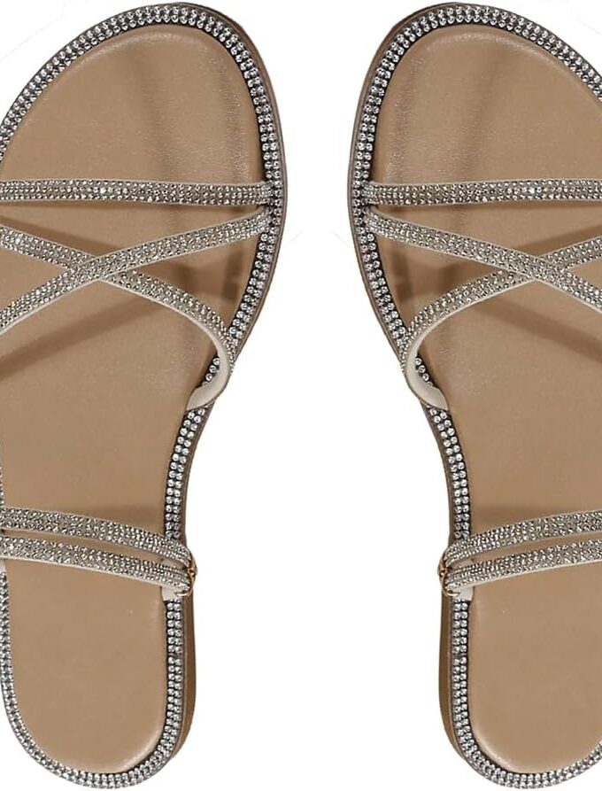 Women Rhinestone Strappy Open Toe Slide Sandals Slip on Casual Flat Sandals