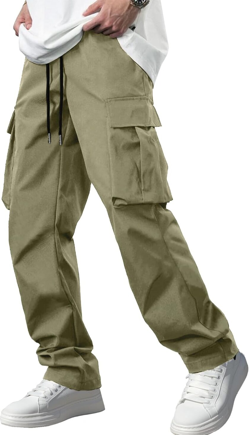 mensCasual Cargo Pants Workout Joggers Stretch Sweatpants Hiking Drawstring Tactical Pants with Multi Pockets