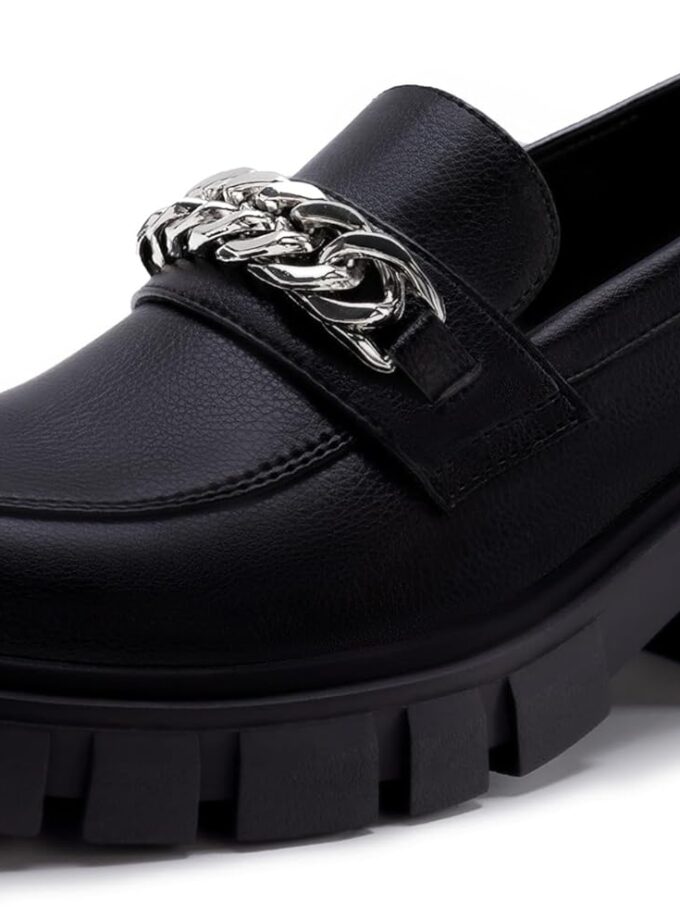 Women's Platform Loafers Slip On Lug Sole Chunky Loafers with Chain Round Toe Business Work Shoes