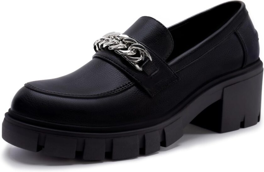 Women's Platform Loafers Slip On Lug Sole Chunky Loafers with Chain Round Toe Business Work Shoes
