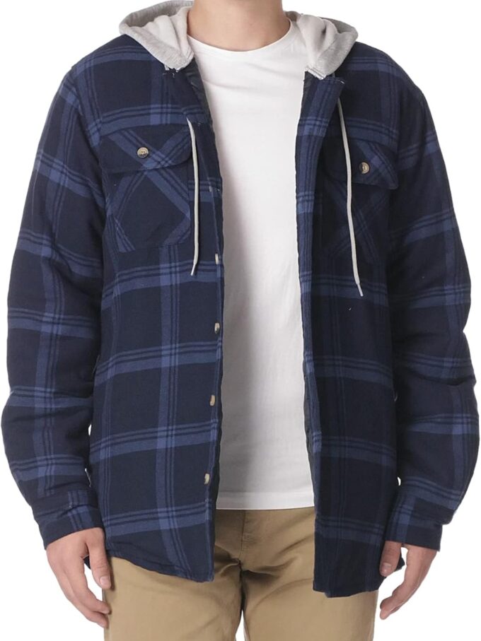 men Long Sleeve Quilted Lined Flannel Shirt Jacket with Hood