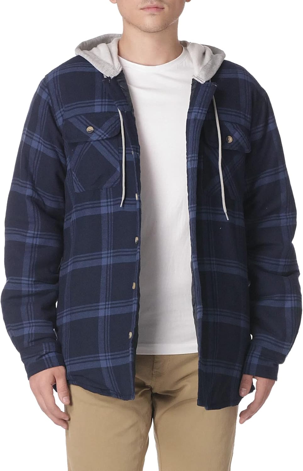 men Long Sleeve Quilted Lined Flannel Shirt Jacket with Hood