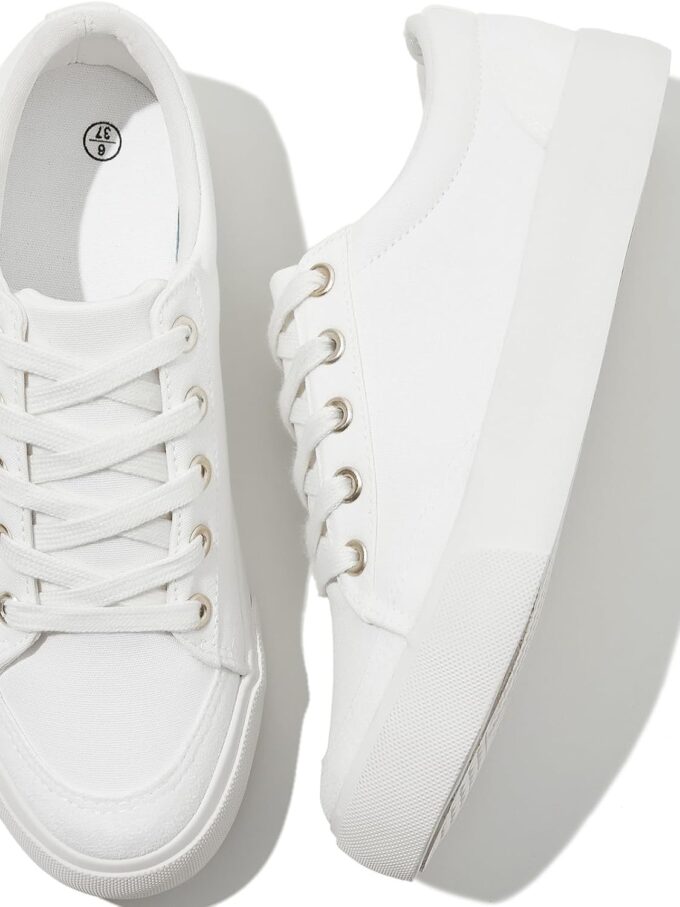Canvas Sneakers for Women Low Top Canvas Shoes Ladies Lace-Up Fashion Sneakers White Tennis Shoes Comfort Casual Walking Shoes for Girls
