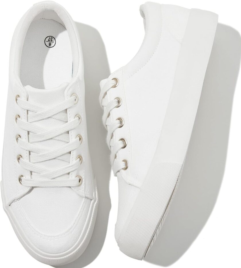 Canvas Sneakers for Women Low Top Canvas Shoes Ladies Lace-Up Fashion Sneakers White Tennis Shoes Comfort Casual Walking Shoes for Girls