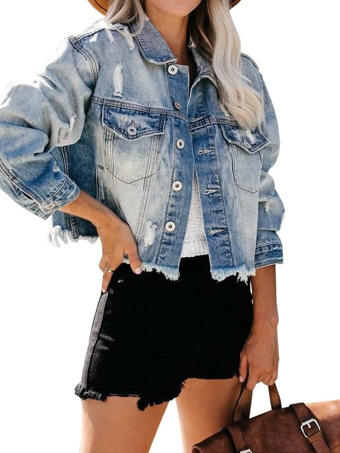 Denim Jackets for Women Button Down Cropped Frayed Jean Jacket Long Sleeve Distressed Ripped Denim Jacket Coat