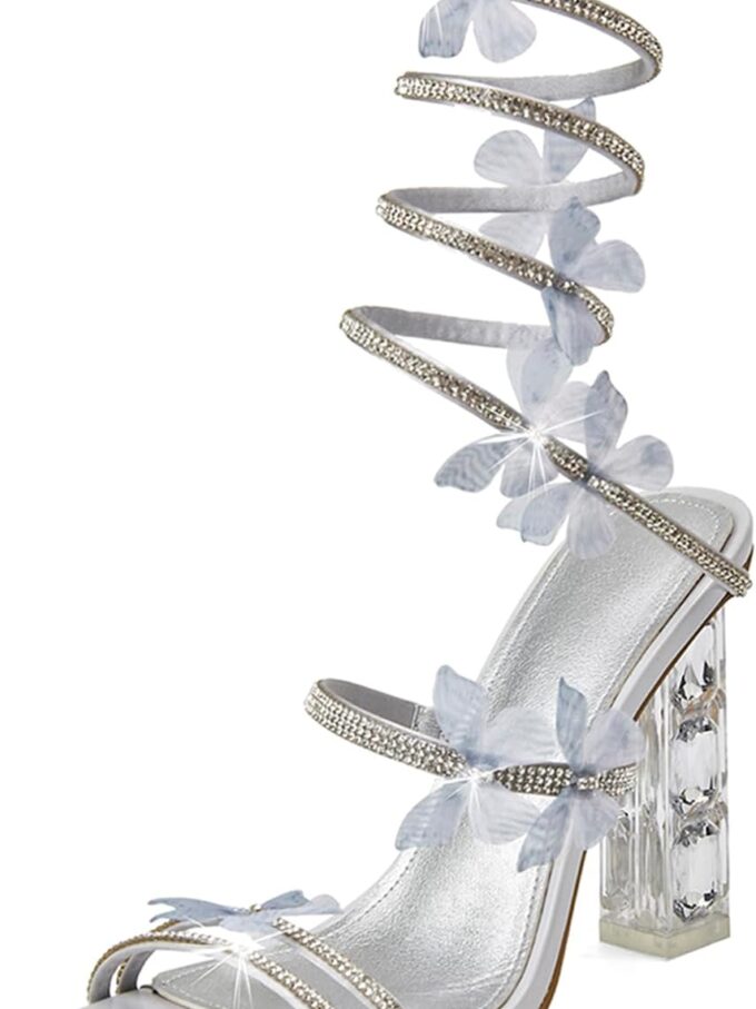 Women Lace Up Sandals Square Open Toe Chunky High Heels Rhinestone Strappy High Block Heel Sandals Sparkly Dress Party Wedding Shoes