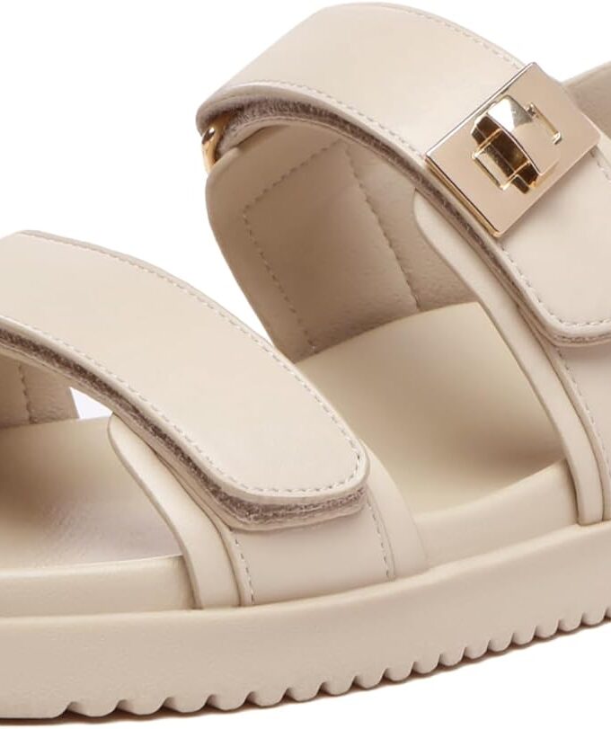 Women Flat Sandals Comfort Adjustable Double Strap Slip on Leather Footbed Sandals