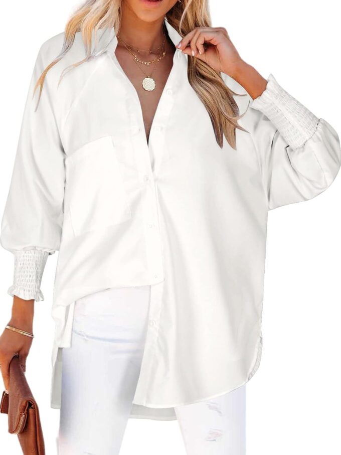 Women Smocked Cuffed Striped Boyfriend Shirt Casual Collar Long Sleeve Oversized Button Down Blouse Tops with Pocket Shirred