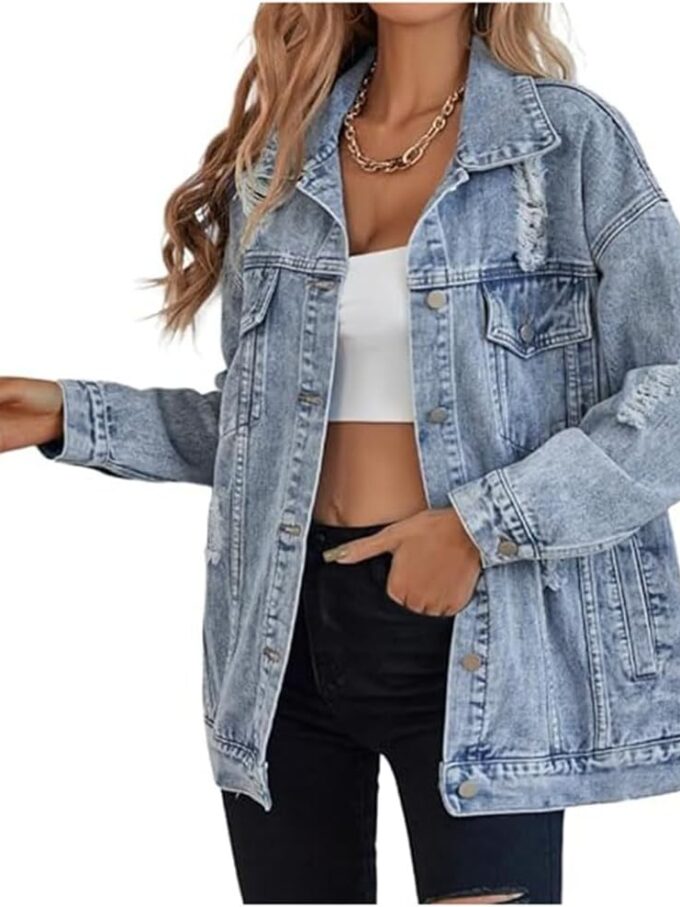 Women long d denim jacket boyfriend ripped distressed jean jackets coat