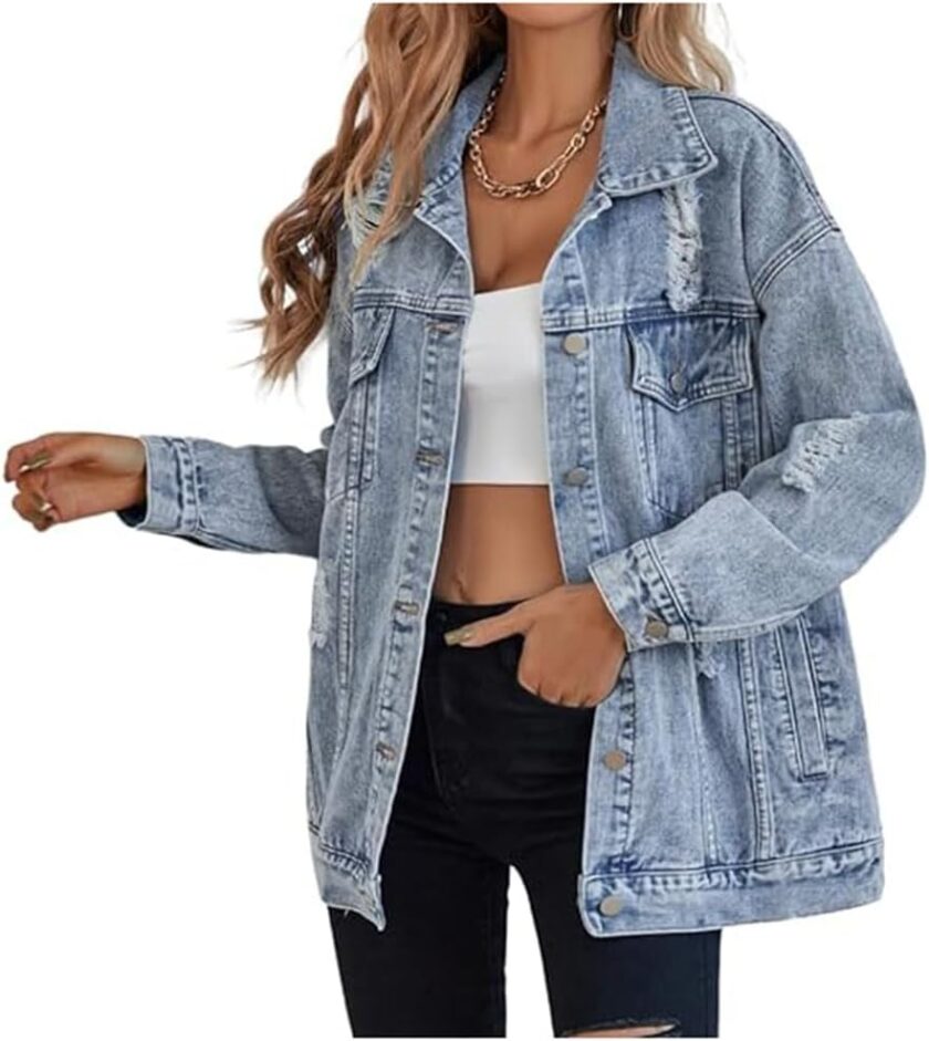 Women long d denim jacket boyfriend ripped distressed jean jackets coat