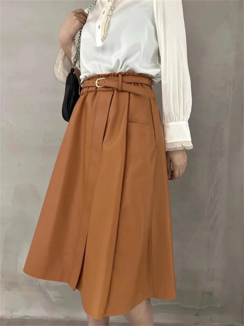 Women Vintage Shows Thin Orange Brown Pleated Long Dress with Belt Leather Skirts - Image 2