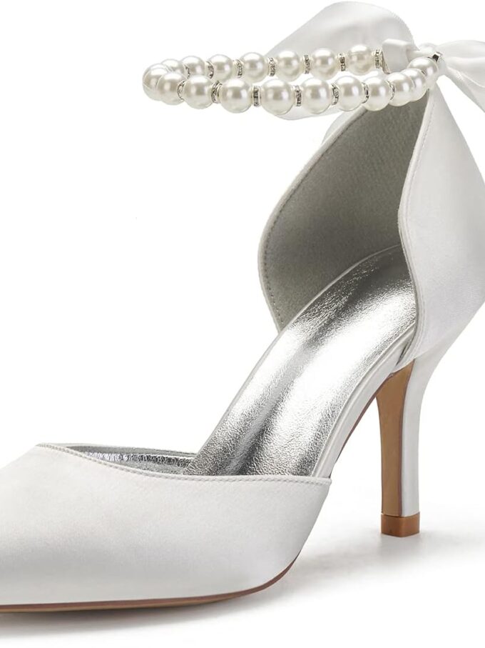 Women Pearl White Wedding Shoes for Bride High Heels Pointed Toe Bridal Shoes Satin Prom Party Dress Pumps Sandals