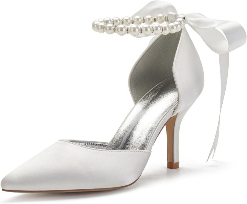 Women Pearl White Wedding Shoes for Bride High Heels Pointed Toe Bridal Shoes Satin Prom Party Dress Pumps Sandals