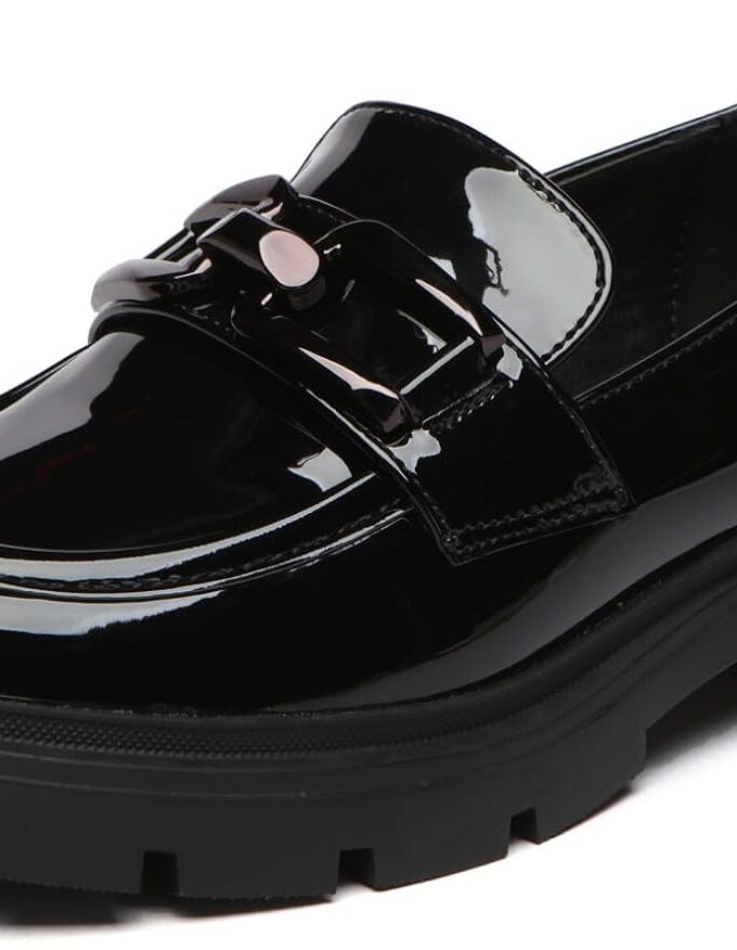 Women's Chunky Platform Loafers with Chain or Buckle Patent Leather Black Penny Loafers Fashion Office Shoes School Dress Shoes Comfort Slip-on