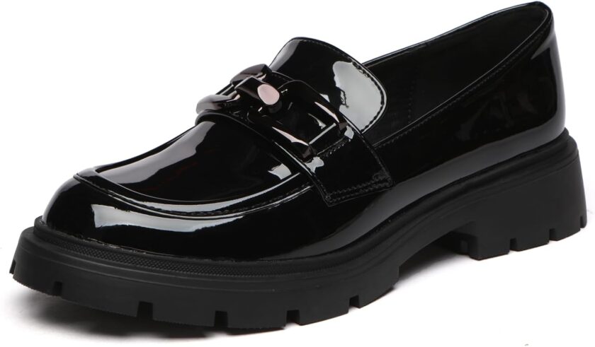 Women's Chunky Platform Loafers with Chain or Buckle Patent Leather Black Penny Loafers Fashion Office Shoes School Dress Shoes Comfort Slip-on