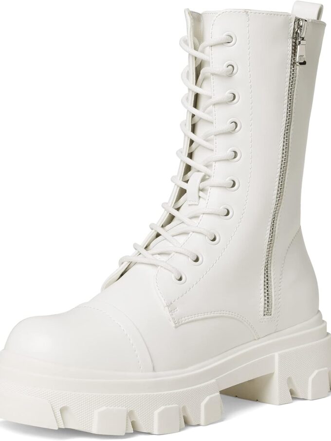 Women’s Combat Boots Lace up Mid Calf Boots Low Heel Chunky Platform Lug Sole Boots