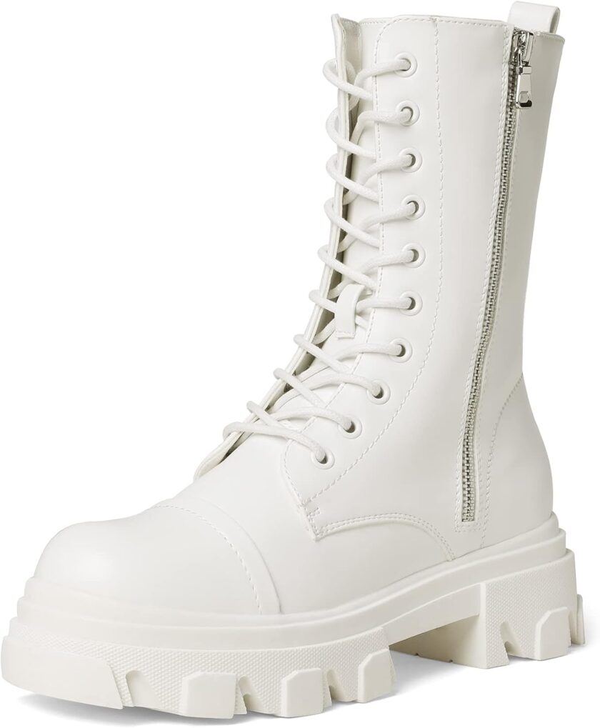 Women’s Combat Boots Lace up Mid Calf Boots Low Heel Chunky Platform Lug Sole Boots