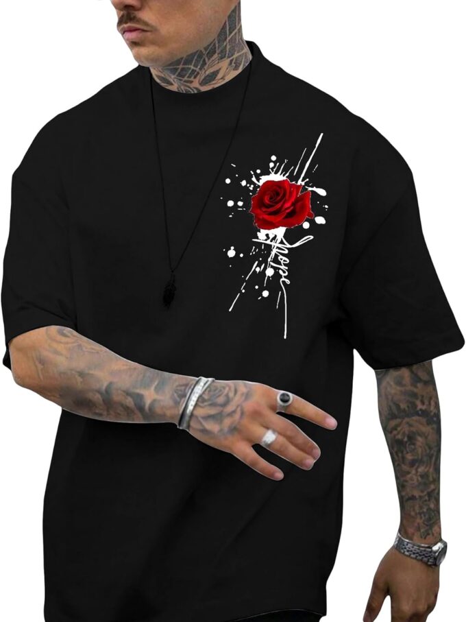 Men Rose Print Graphic Tees Oversized T Shirt Summer Tops Casual