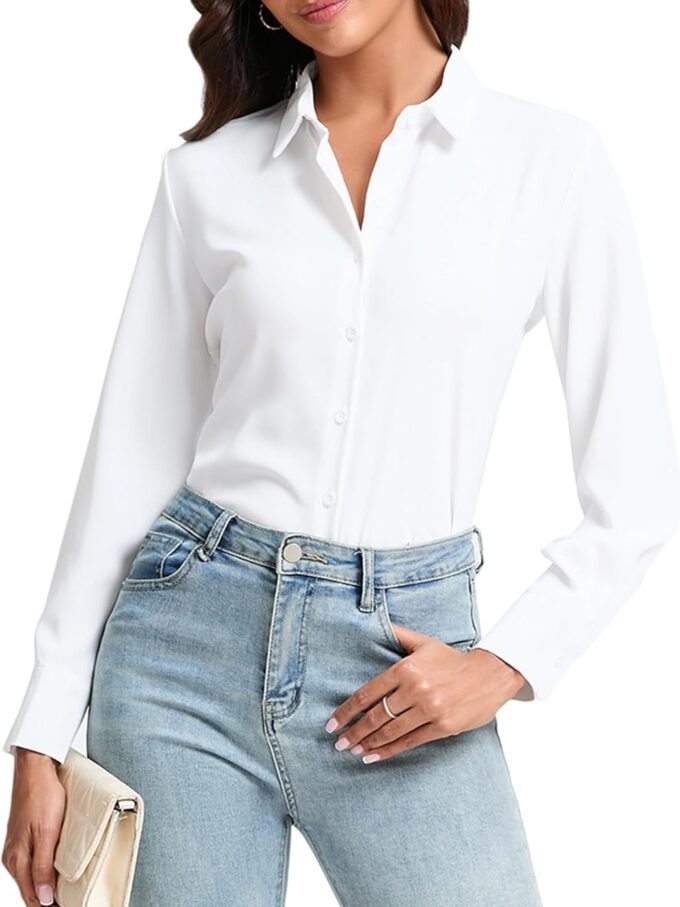 Women Stretch Button Down Shirt Long Sleeve Wrinkle-Free Lightweight Smooth Loose Casual Office Work Shirts