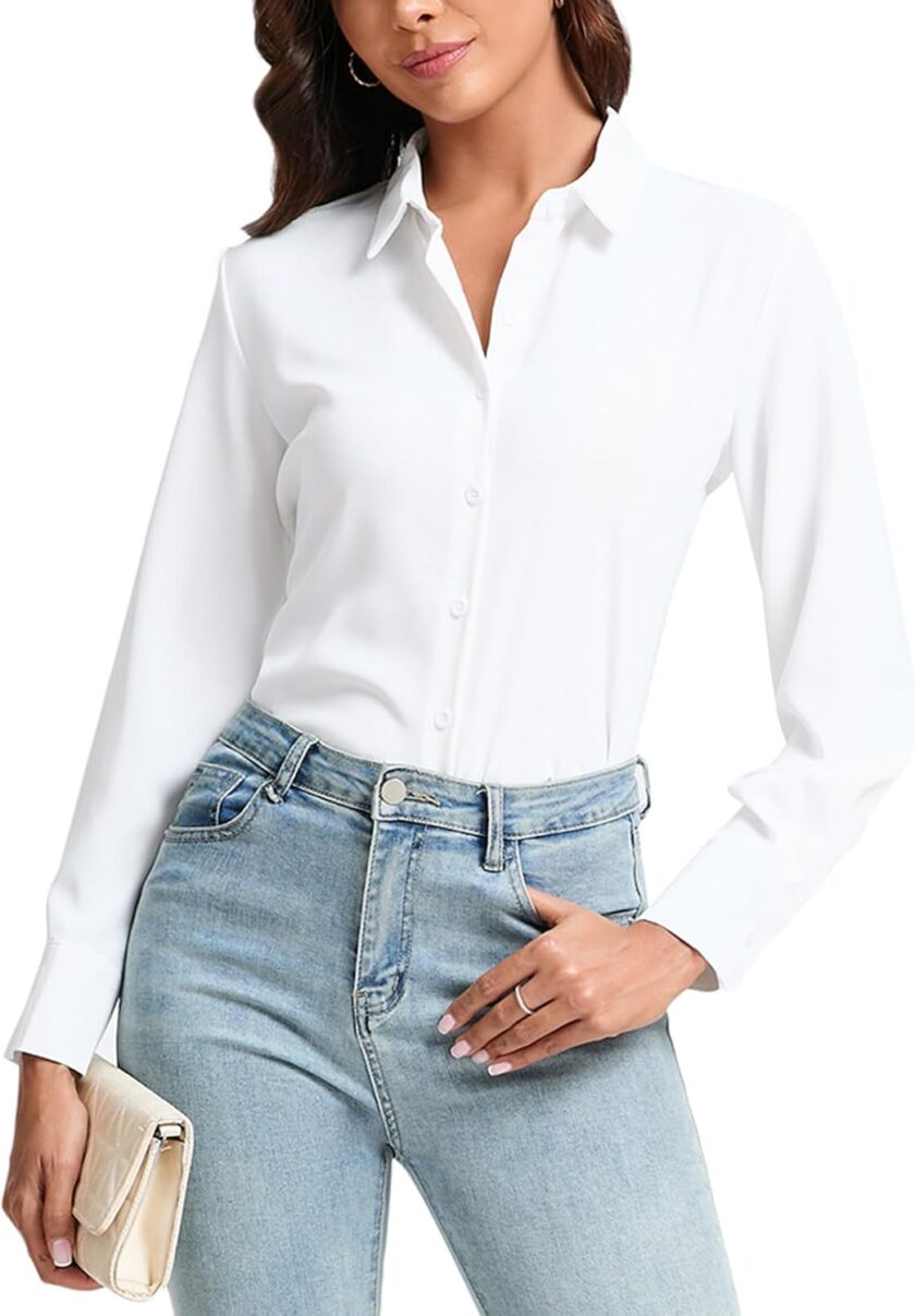 Women Stretch Button Down Shirt Long Sleeve Wrinkle-Free Lightweight Smooth Loose Casual Office Work Shirts