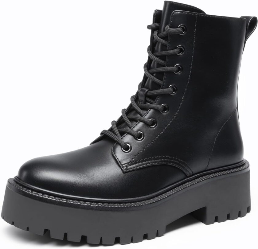 Women's Platform Combat Ankle Boots Fashion Lace-up Short Booties with Lug Sole and Side Zipper