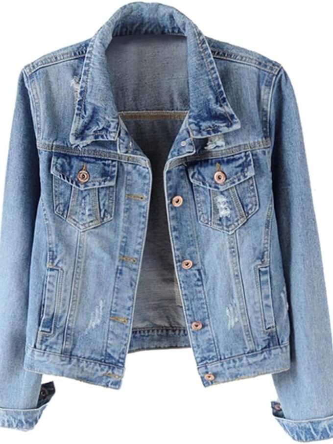 Women Denim Jackets Distressed Ripped Long Sleeve Jean Jacket Coats