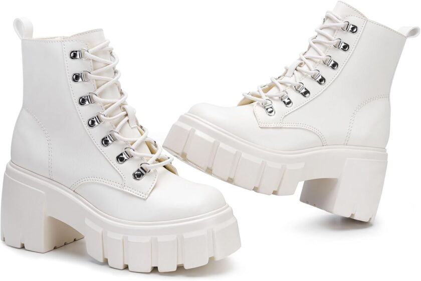 Women’s Combat Boots Lightweight Lace up Side Zipper Ankle Botas High Heel Chunky Platform Lug Sole Booties Size 6-11