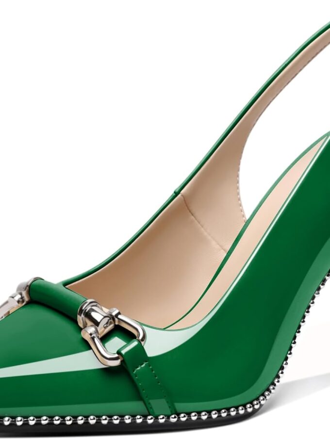 Women Beaded Pumps Slingback High Heel Stilettos Pointed Toe Shoes Slip On 3.5 Inch Ankle Strap Adjustable Patent Leather US Size 5-13