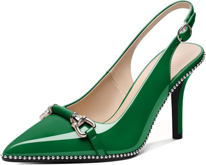 Women Beaded Pumps Slingback High Heel Stilettos Pointed Toe Shoes Slip On 3.5 Inch Ankle Strap Adjustable Patent Leather US Size 5-13