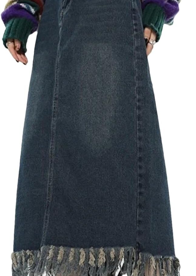 Women Denim Skirt Fringe High Waist Casual Skirt Korean Retro Women Long Skirt
