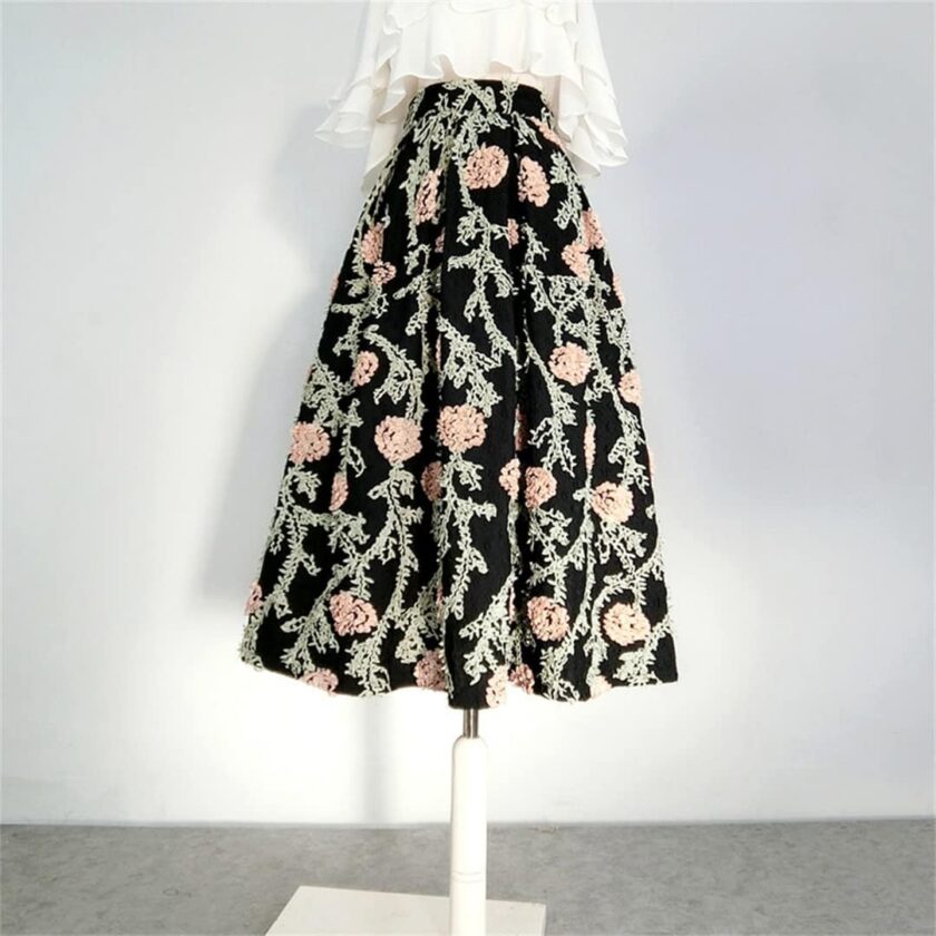 Casual High Waist Paisley Print Long Skirts for Women High Waist Flower Embroidery A-Line Pleated Skirt - Image 2