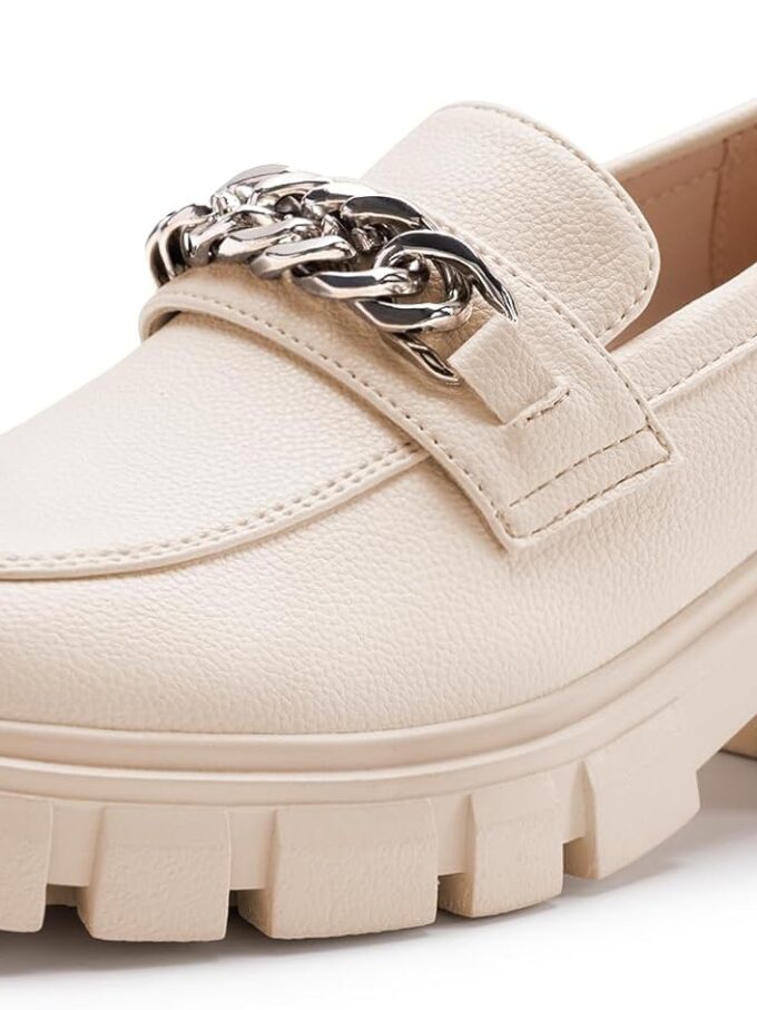 Women's Platform Loafers Slip On Lug Sole Chunky Loafers with Chain Round Toe Business Work Shoes
