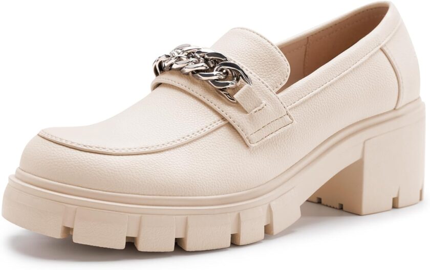 Women's Platform Loafers Slip On Lug Sole Chunky Loafers with Chain Round Toe Business Work Shoes