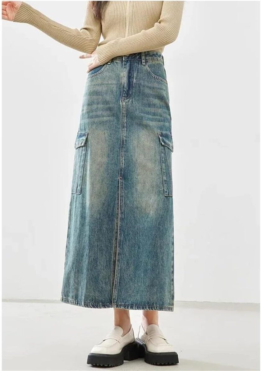 Women Vintage High Waist Cotton Jean Maxi Skirt Spring Casual Straight Split Denim Long Skirt - Image 2