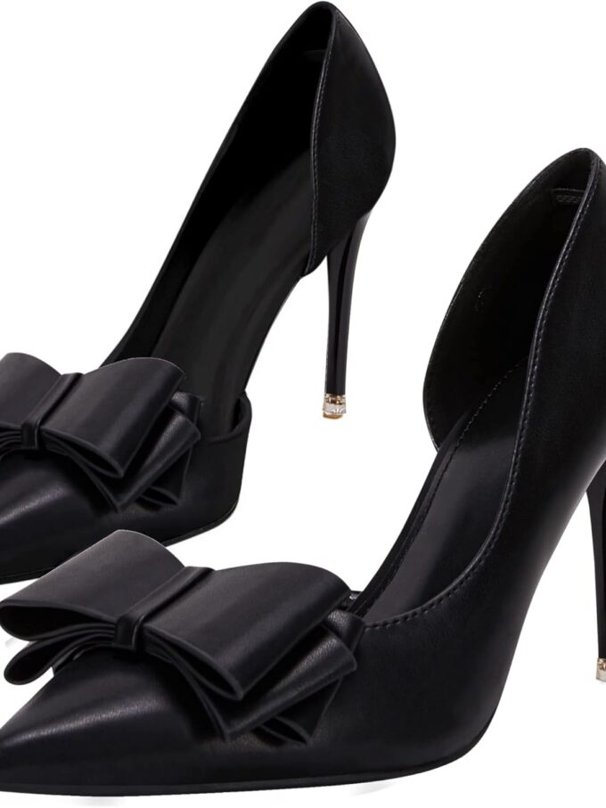 Women Bow Heels Closed Pointed Toe Dress Shoes Stiletto Slip on Wedding Pumps