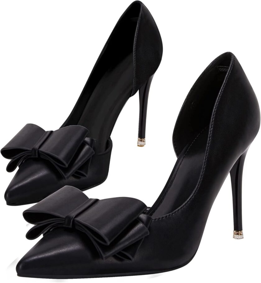 Women Bow Heels Closed Pointed Toe Dress Shoes Stiletto Slip on Wedding Pumps