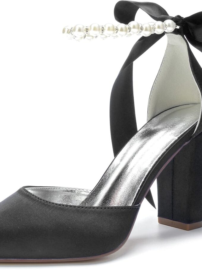 Women Pearl White Wedding Shoes for Bride High Heels Pointed Toe Bridal Shoes Satin Block Heels Prom Party Dress Pumps Sandals