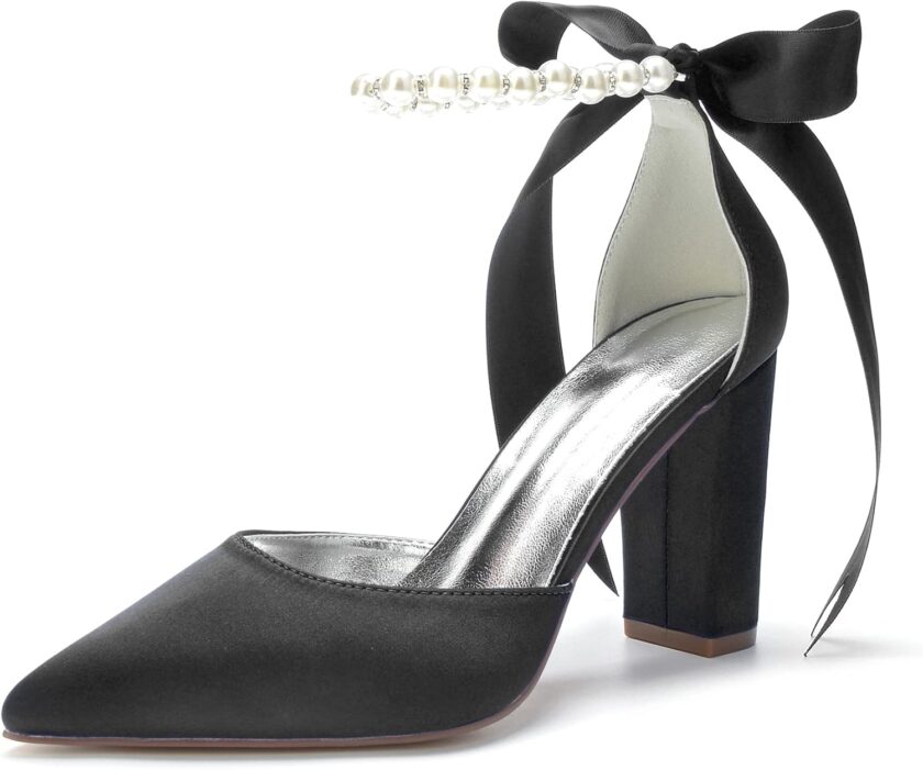 Women Pearl White Wedding Shoes for Bride High Heels Pointed Toe Bridal Shoes Satin Block Heels Prom Party Dress Pumps Sandals