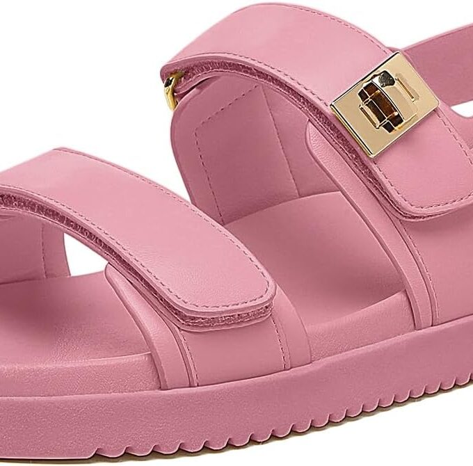 Women Flat Sandals Comfort Adjustable Double Strap Slip on Leather Footbed Sandals