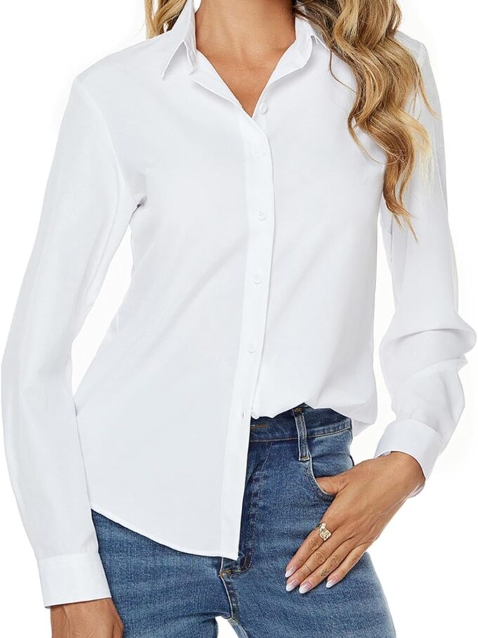 Women Stretch Button Down Long Sleeve Shirt Soft Basic Wrinkle Free Work Business Formal Casual Blouse