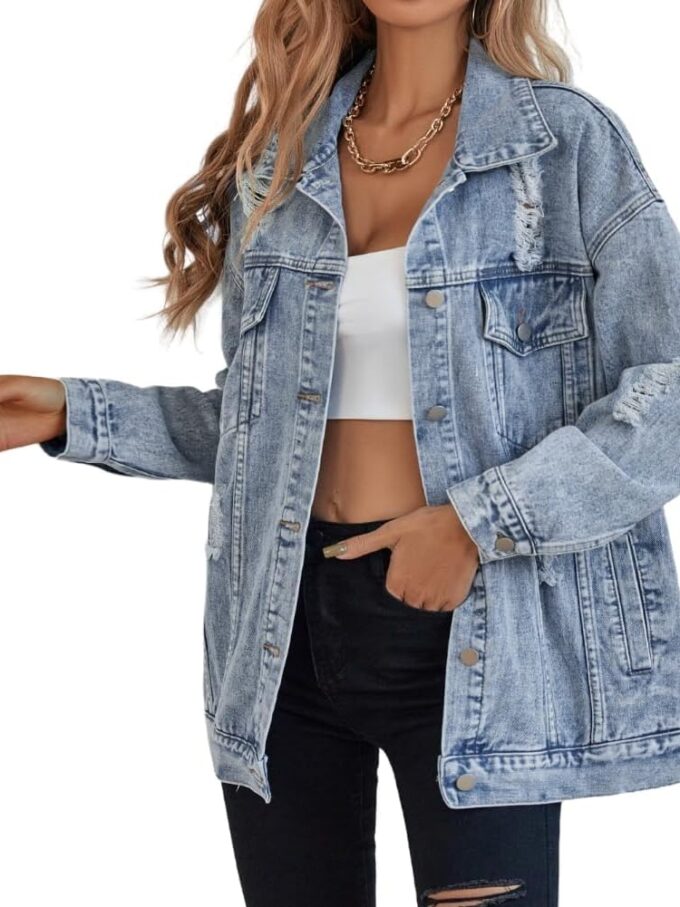 Denim Jacket for Women Ripped Jean Jacket Boyfriend Long Sleeve Trucker Coat